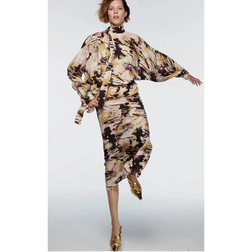 ZARA Limited Edition Mock Neck Long Sleeve Printed Maxi Dress SIZE S